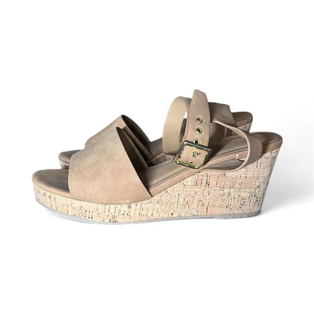 City Classified Women's Size 9 Nude Cork Wedge Sandals Strappy Faux Suede